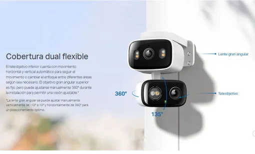 Cod. AT:379 Cámara Smart exterior/interior TP-Link Tapo C246D Dual 2K 360° / Lente gran angular 125° &amp; Teleobjetivo 6mm / Vista Nocturna Intelig. / Detección AI (pers. masc. veh.) / Seg. automát. sincronizado / 8 puntos patrulla / Audio bidireccional / So