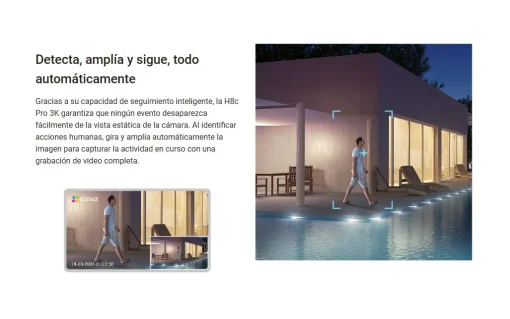 Cod. 743 Cámara Smart p/exterior 360° Wi-Fi EZVIZ H8c Pro 3K / Visión nocturna a color / IR (hasta 30mt.) / Detección Personas/Vehículos por IA / Seguimiento Zoom automático / Defensa activa / Audio bidireccional / Diseño resistente a la intemperie / Sopo