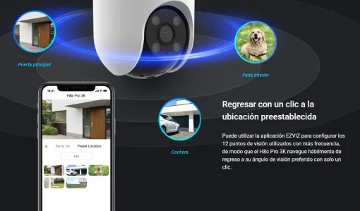 Cod. 743 Cámara Smart p/exterior 360° Wi-Fi EZVIZ H8c Pro 3K / Visión nocturna a color / IR (hasta 30mt.) / Detección Personas/Vehículos por IA / Seguimiento Zoom automático / Defensa activa / Audio bidireccional / Diseño resistente a la intemperie / Sopo