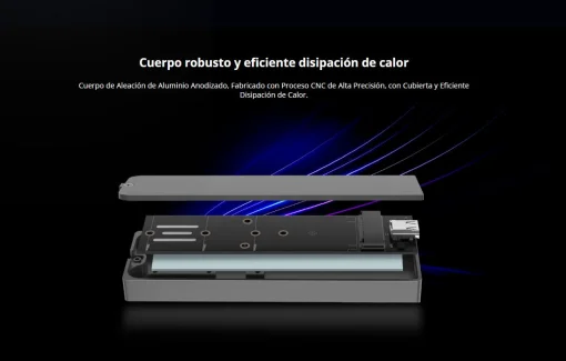 Cod. 036 Capsula HIKSEMI M.2 MDR1 P/SSD NVMe/SATA / 10Gbps / Compatible: Windows /MacOS/Linux /Android / USB 3.2 Tipo-C (Incl. cable USB-A)  / Iluminación RGB con ASUS Aura SYNC / Aluminio