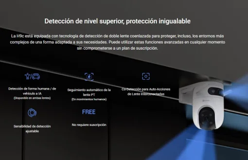Cod. 335 Cámara Smart exterior EZVIZ H9c Dual 2K &amp; 2K 360° / Vista Nocturna Color / 2*modos patrulla / Detección humana/vehículo IA / Co-detección Seg. automát. / Defensa activa / Audio bidireccional / Soporta microSD hasta 512GB / Compatible: Alexa y ass