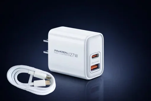 Cod. C:264 Cargador de pared Pavareal K58CTC de 27W (Carga r&aacute;pida) / 2*Puertos, DC 5V/3A (1*USB-A + 1*USB-C) / incl. Cable USB-C