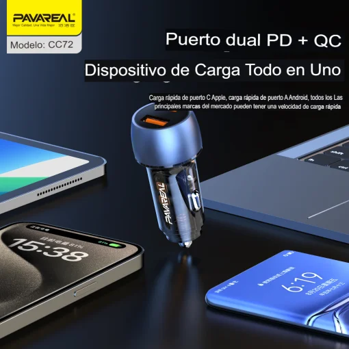 Cod. 268 Cargador P/Auto Pavareal CC72 120W Dual (Carga r&aacute;pida) / 2*Puertos PD+QC (USB-A + USB-C)