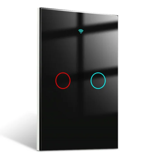 Cod. I:886 Interruptor de pared Smart WIFI WHC06 / 2 botones táctiles / No requiere Neutro / Control por APP Tuya o Smart Life / compatible con Alexa, Google Home / Dim.: 120*72*5mm / negro