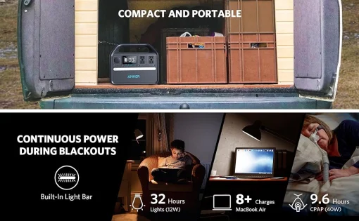 Cod. 208 Estación de energía portátil ANKER Solix 535, batería LiFePO4 de 512 Wh / 500 W / 4*tomas CA, 3*USB-A IQ, 1*USB-C PD 60 / carga rápida 2.5hr 80% / luz LED