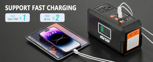 Cod.180 Banco de Energía HOWEASY 120W, 88WH/24 000mAh, P/laptop: 2*Tomas AC 110V / 2*puertos DC / 3*puertos USB-A (2*QC 3.0 carga rápida +1*5V/2.4A) / 1*USB-C 18W / Linterna LED / Peso 2.3 lbs