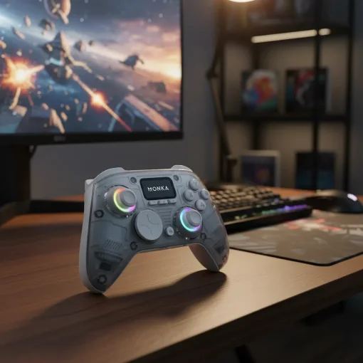 Cod. 080 Gemepad Monka Strike GT-86 / Tri-mode (Wireless 2.4G + Bluetooth&reg; 5.3 + Cable USB-C) / Bat. 1000 mAh / vibraci&oacute;n dual / Sensor de mov. 6 eje / Joysticks y gatillos efecto Hall, RGB y pantalla LCD / (M1/​​M2/N1/N2 Programables) / Compatible: PS4,