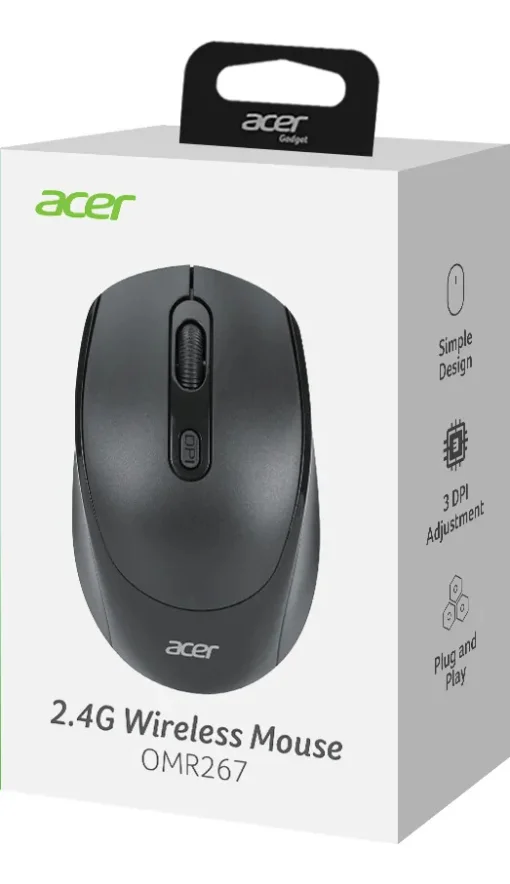 Cod. 295  Mouse Inal&aacute;mbrico 2.4G ACER OMR267 Black / 1600 DPI / 4 botones / Ligero &amp; Ergon&oacute;mico / incluye pila AA