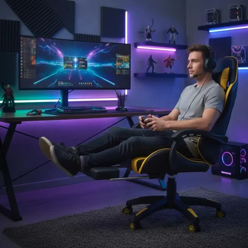 Cod. 1175 Silla Gamer ENV ThroneX Black/Gold / Iluminaci&oacute;n RGB + Altavoces / Almohada cabeza y zona lumbar / Rotaci&oacute;n 360&deg; / &nbsp;Reposapi&eacute;s retr&aacute;ctil