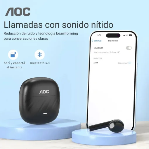 Cod. 131 ud&iacute;fonos AOC ACT2521BK TWS / Bluetooth&reg; 5.4 / Touch Intelligent / Estilo abierto, sin almohadilla / Bat. 200mAh, USB-C