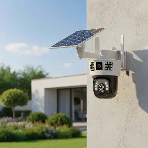 Cod. 421 C&aacute;mara Smart ENV Solar View 4MP P/Exterior 360&deg;+ Panel Solar / 12 luces h&iacute;bridas (IR y LEDs) / Detecci&oacute;n y rastreo de movimiento / Audio bidireccional / Soporta microSD (hasta 128GB) / Bat. Integrada