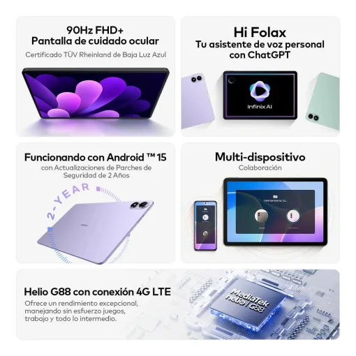 Cod. 153 Tablet Infinix XPAD 20 - 4G LTE / Helio G88 / 11" FHD+ (1200*1920) 90Hz / 8GB RAM, 256GB Alm. Exp. MicroSD (hasta 1TB) / Android 15 / Wi-Fi 5, BT 5.2 / Cam. post. 8MP, front. 5MP / Bat. 7000 mAh / Stellar Grey / Incluye: Case protector