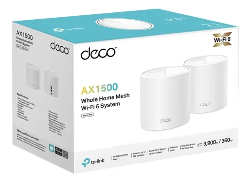 Cod. 104 Sistema Wi-Fi 6 Mesh TP-LINK DECO X10 (2-Pack) / AX1500 / OFDMA y MU-MIMO / Conecta 120 dispositivos / cubre hasta 3.900 ft², 360m² / Control parental / impulsado por IA / compatible: Alexa, Google Home