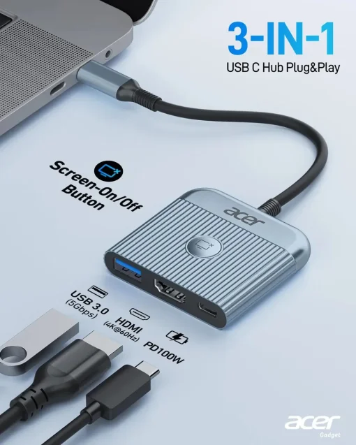 Cod. 178 Adaptador multipuertos 3en1 ACER ODK470 de USB-C a 1*P/Salida HDMI 4K@60Hz + 1*P/USB 3.0 + 1*P/USB-C (PD100W)