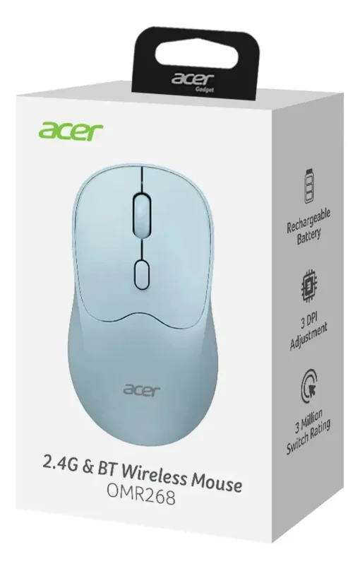 Cod. 298 Mouse Inal&aacute;mbrico ACER OMR268 BL / Dual (2.4G &amp; Bluetooth&reg; 5.2) / 1600 DPI / 4 botones / Dise&ntilde;o Ergon&oacute;mico / Bat. Recargable (500mAh)