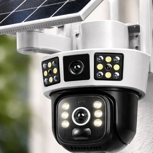 Cod. 421 C&aacute;mara Smart ENV Solar View 4MP P/Exterior 360&deg;+ Panel Solar / 12 luces h&iacute;bridas (IR y LEDs) / Detecci&oacute;n y rastreo de movimiento / Audio bidireccional / Soporta microSD (hasta 128GB) / Bat. Integrada