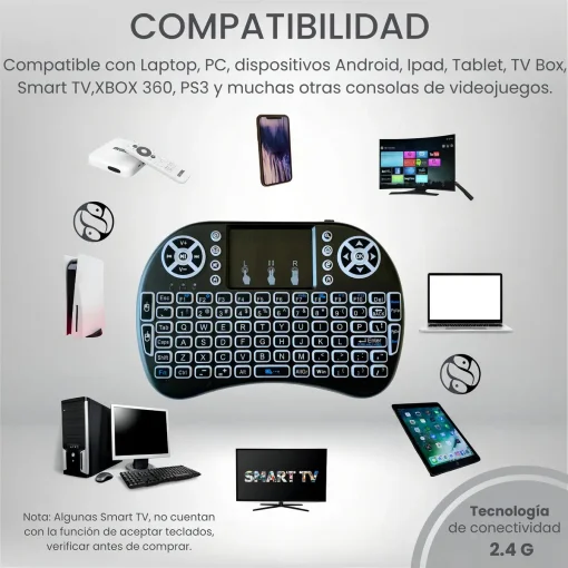 Cod.304 Mini Teclado inal&aacute;mbrico ENV / 2.4GHz / Iluminaci&oacute;n LED / panel t&aacute;ctil touchpad / Comp.: SmartTV, PC, Laptops, Android, TV Box, XBOX360/PS3