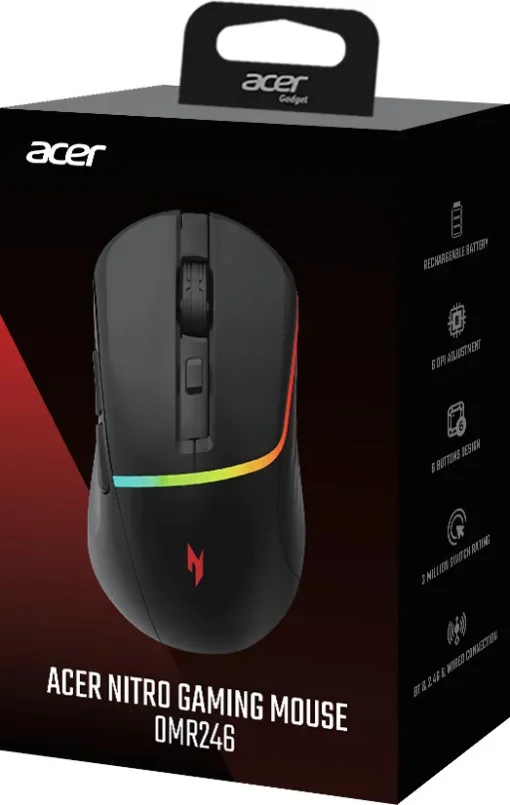 Cod. 299 Mouse Gaming ACER NITRO OMR246 / Tri-modo Wireless (2.4G &amp; BT 5.0) + cable / 7200 DPI / RGB din&aacute;mico / 6 botones / Dise&ntilde;o Ergon&oacute;mico /8 ultraligero (73g) / Bat. 500mAh
