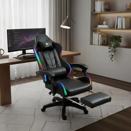 Cod. 1174 Silla Gamer ENV ThroneX Black / Iluminaci&oacute;n RGB + Altavoces / Almohada cabeza y zona lumbar / Rotaci&oacute;n 360&deg; / &nbsp;Reposapi&eacute;s retr&aacute;ctil