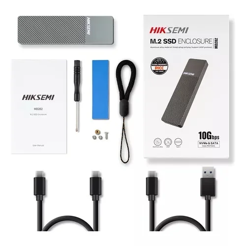 Cod. 034 Capsula HIKSEMI MD202 para SSD M.2 NVMe y M.2 SATA / 10Gbps / Compatibles: Windows/MacOS/Linux /Android / USB 3.2 Gen 2 Tipo-C / Aleaci&oacute;n de aluminio gris