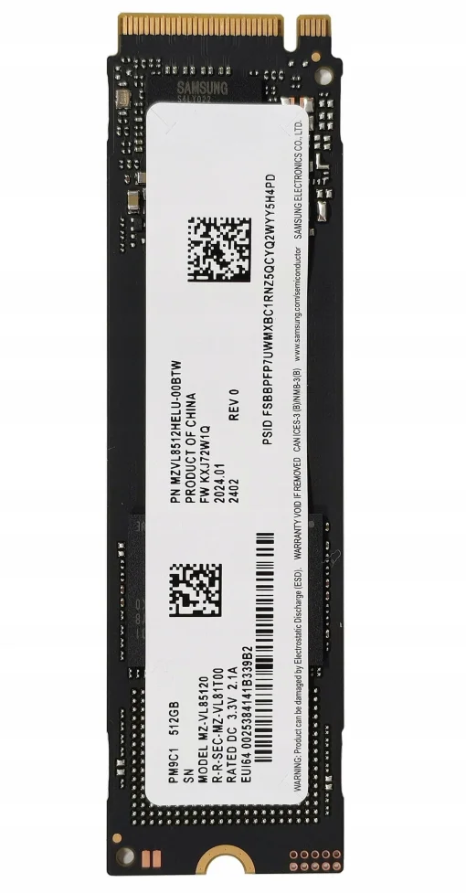 Cod. SM:478 SSD SAMSUNG M.2 512GB PM9C1 / 4,460MB/s Lectura y escritura 2,487MB/s / 2280 / &nbsp;PCIe 4.0 x4, NVMe (Sin empaque)