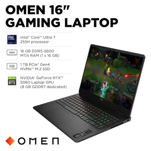 Cod. 1822 HP OMEN 16-am0073dx Gaming / Intel&reg; Core&trade; Ultra 7 255H con IA Integrada (NPU Intel&reg; AI Boost) / 16GB DDR5 / 1 TB PCIe&reg; Gen4 / NVIDIA&reg; GeForce RTX&trade; 5060 8 GB GDDR7&nbsp;/ 16" FHD+ 2K, 144 Hz, IPS / AUDIO HyperX, DTS: X&reg; Ultra / Windows 11 / Wi-Fi 6E (