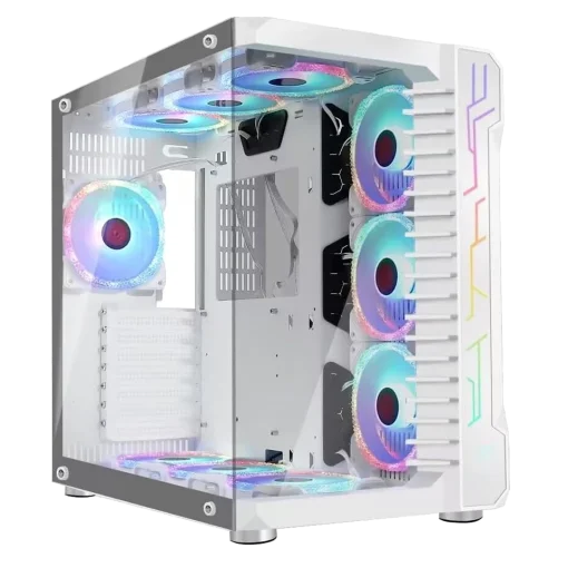 Cod. 385 Kit Case GAMEKM CA-025 White / ATX / acero de aleación / lateral y frontal vidrio templado vista 270° / admite refrigeración líquida de 360°, luz LED ARGB / USB 3.0, USB 2.0, HD audio / sin fuente / Incluye P/Armar 4*fans ARGB 120mm + Controlador