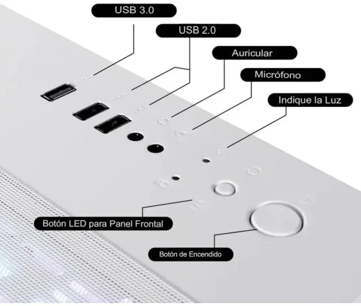Cod. 373 Case GAMEKM CA-025 White / ATX / acero de aleación / lateral y frontal vidrio templado vista 270° / admite refrigeración líquida de 360°, luz LED ARGB / USB 3.0, USB 2.0, HD audio / sin fuente