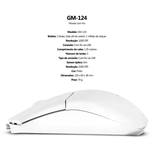 Cod. GX:251 Mouse Xtrike Me GM-124 WH / 1000DPI / 3 Botones / USB, Cable 1.25 m