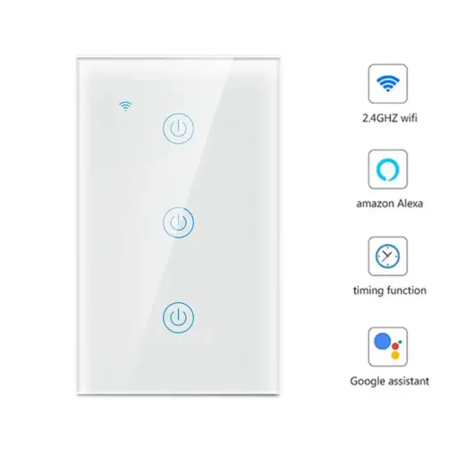Cod. I:890 Interruptor de pared Smart Dual (WIFI + Bluetooth) DS-121JL / 3 botones táctiles / No requiere Neutro / Control por APP Smart Life o Tuya / compatible con Alexa, Google Home / Dim.: 118*72*5mm / Blanco
