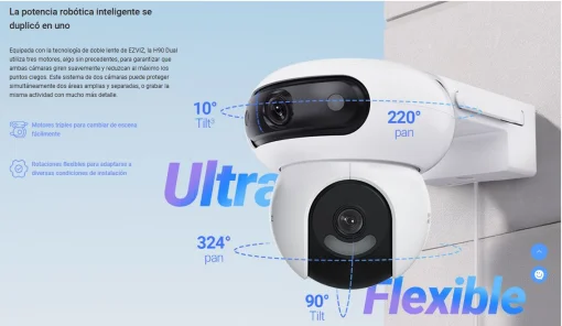 Cod. 747 Cámara Smart ext. EZVIZ H90 Dual (2K+ &amp; 2K+) / lentes Rotaciones duales / Control un toque / Vista Nocturna Color (40m)/ 2*modos patrulla / Detección humana/vehículo IA / Co-detección Seg. automát. / Defensa activa / Audio bidireccional / spt. Mi
