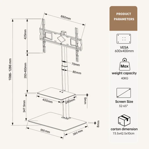 Cod. 1158 Soporte de piso para TV FSH12-D (PCT03) / 32"- 70" Max. 40Kg. (88lbs) / Base de Vidrio Templado / Ajustable Altura, Giratorio / hasta 600x400mm (Vesa) / negro