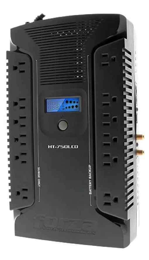 Cod. 052 UPS FORZA HT-750LCD Interactivo / 750VA/450W, 120V / 12*Tomas NEMA 5-15R + coaxial + P/Carga 2*USB-A, 1*USB-C / LCD de estado / Batería: 12V 7Ah