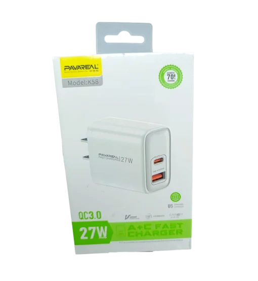 Cod. C:264 Cargador de pared Pavareal K58 de 27W (Carga r&aacute;pida) / 2*Puertos, DC 5V/3A (1*USB-A + 1*USB-C)