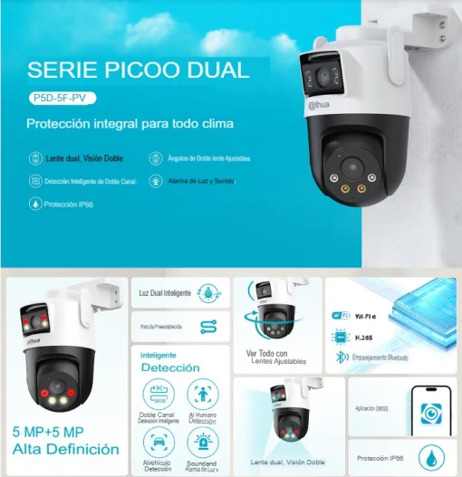 Cod. 372 Cámara Smart Exterior 360° DAHUA Picoo Dual 3K D1 5MP+5MP / Wi-Fi 6 / Vista Nocturna Dual Ligth (50m IR) / Detección humana/vehículo IA / 6*modos patrulla / Alarma (Luz y sonido) / Seg. automát. / Audio bidireccional / Soporta microSD (hasta 256G