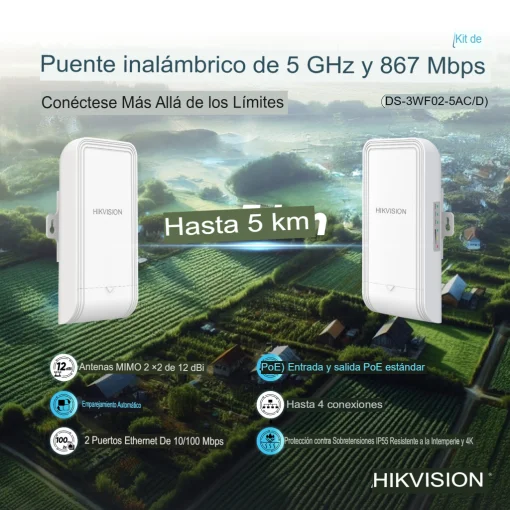 Cod. 155  Kit Radioenlaces Wi-Fi P/Exterior (5 km) HIKVISION DS-3WF02-5AC/D / 5 GHz; 867Mbps / MIMO 2*2, 12dBi  / Entrada-salida PoE estándar / Emparejamiento automático / Control: Web y APP Hik-Partner Pro / IP55