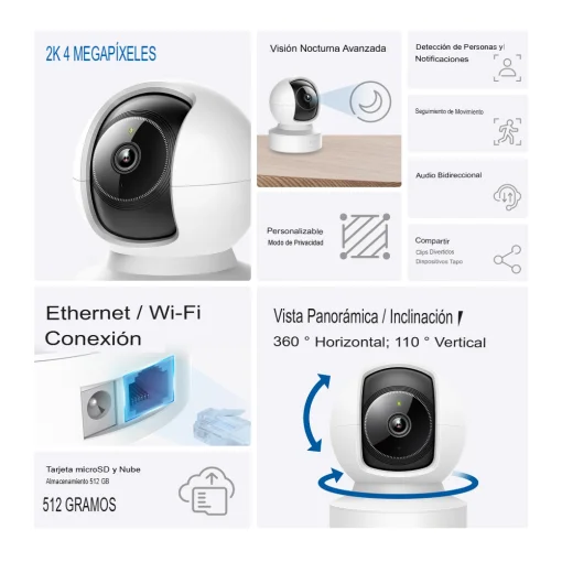 Cod. 414 C&aacute;mara Smart 360&deg; TP-Link Tapo&nbsp;C222 2K QHD / Visi&oacute;n Nocturna Avanzada IR (12 m) / Seguimiento Mov. / Detecci&oacute;n IA (pers. masc. veh.), Zonas personalizables / Audio bidireccional / Soporta microSD (hasta 512GB) / Wi-Fi/Ethernet / Compatible: Googl