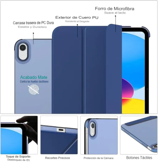 Cod. E:144 Estuche MoKo P/ iPad (A16) 11&ordf; Gen. 11" (2025)&nbsp;&amp; iPad 10&ordf; Gen. 10.9"(2022) / R&iacute;gido delgada con soporte / Carcasa Trasera Transl&uacute;cida con exterior de cuero / Azul