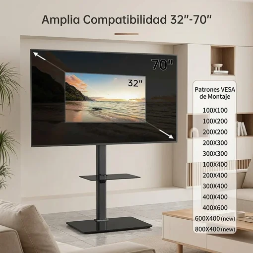 Cod. 1158 Soporte de piso para TV FSH12-D (PCT03) / 32"- 70" Max. 40Kg. (88lbs) / Base de Vidrio Templado / Ajustable Altura, Giratorio / hasta 600x400mm (Vesa) / negro