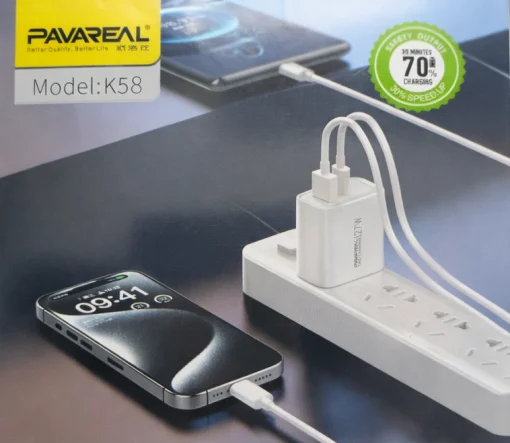 Cod. C:264 Cargador de pared Pavareal K58 de 27W (Carga r&aacute;pida) / 2*Puertos, DC 5V/3A (1*USB-A + 1*USB-C)