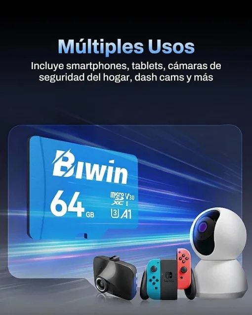 Cod. 317 Micro SD Biwin MS100 64GB&nbsp;/ Clase10, UHS-I, U3, V30, A1 / Up to 100MB/s / P/Drones, Videojuegos, C&aacute;maras Video grabaci&oacute;n 4K UHD