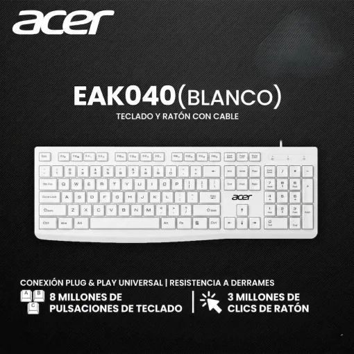 Cod. 297 Kit 2en1 ACER EAK040 / Teclado Espa&ntilde;ol + Mouse &oacute;ptico 1200DPI, 3 botones / F. Multimedia / USB, Cable 1.4 m