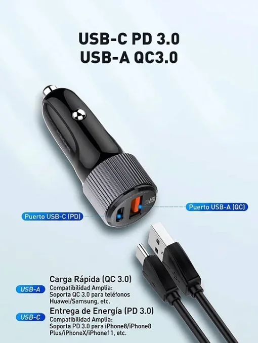 Cod. 279 Cargador P/Auto LDNIO C510Q 38W (Carga r&aacute;pida) / 2*Puertos PD + QC 3.0 ( USB-C+USB-A) / Incl. Cable USB-C, 1 m