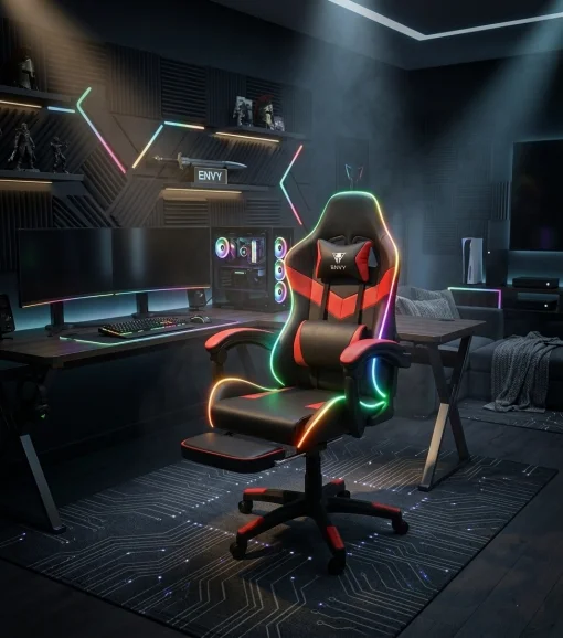 Cod. 1192 Silla Gamer ENV ThroneX Black/Red / Iluminaci&oacute;n RGB + Altavoces / Almohada cabeza y zona lumbar / Rotaci&oacute;n 360&deg; / Reposapi&eacute;s retr&aacute;ctil