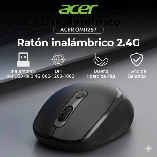 Cod. 295  Mouse Inal&aacute;mbrico 2.4G ACER OMR267 Black / 1600 DPI / 4 botones / Ligero &amp; Ergon&oacute;mico / incluye pila AA