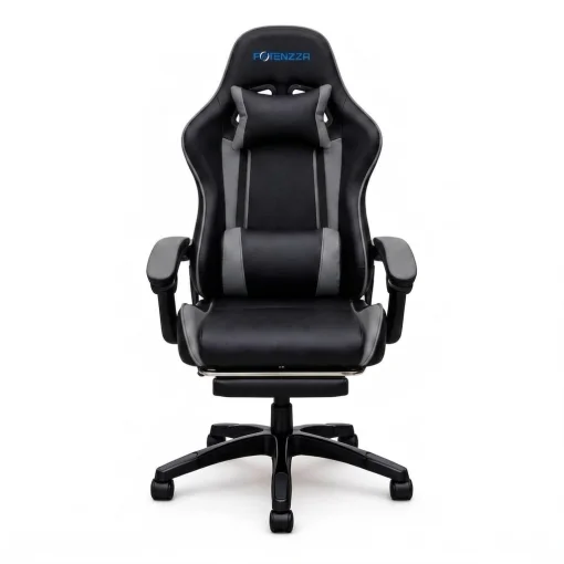 Cod. 1203 Silla Gamer Potenzza Black/Grey / Almohada cabeza y zona lumbar / reclinable 120&ordm; / Rotaci&oacute;n 360&deg; / Reposapi&eacute;s retr&aacute;ctil