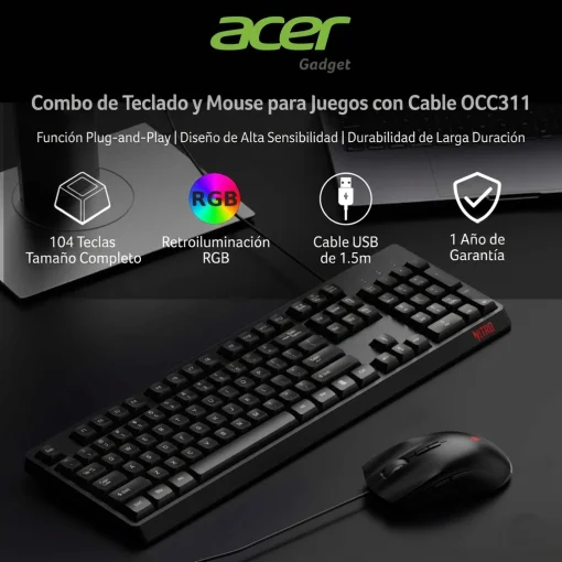 Cod. 299 Kit 2en1 ACER NITRO OCC311 / Teclado Espa&ntilde;ol + Mouse &oacute;ptico 3600DPI, 7 botones / iluminaci&oacute;n RGB Arco&iacute;ris / Silencioso / USB, Cable 1.5 m