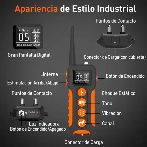 Cod. 1183 Collar de Entrenamiento P/Perros PD 518-1 Black / Recargable, Impermeable IPX7 / 3*Modos (Sonido, Vibraci&oacute;n, Choque) / Con Control Remoto y Pantalla LCD