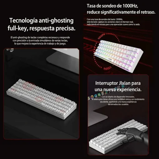 Cod. 301 Teclado Mec&aacute;nico ACER NITRO OKR252 SP WT / Tri-modo: (Wireless 2.4G + BT &amp; cableado) / Switch Rojo / Iluminaci&oacute;n RGB (modos Din&aacute;micos) / Bat. 2000 mAh / 68 teclas, Espa&ntilde;ol