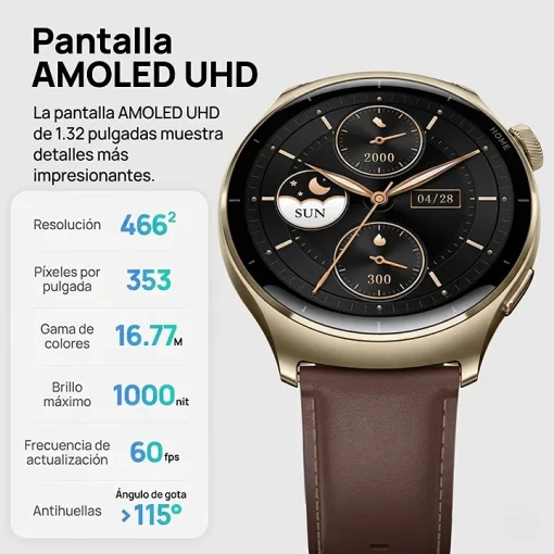 Cod. 1200 SmartWatch Mibro Lite 3 Pro (Gold) / GPS / AMOLED UHD 1.32" 60FPS / LLamadas BT V5.3 / Monitoreo de Salud 24/7: (ritmo card&iacute;aco, SpO2, estr&eacute;s y sue&ntilde;o) / Resistente al agua hasta 50 m (5ATM) / Bat. 350mAh (14 d&iacute;as) / 150+ modos deportivos